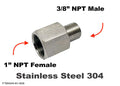 Stainless steel 1 inch NPT female to 3/8 inch NPT male sensor adaptor fitting for plumbing or hydraulic conversions.