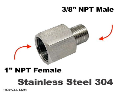 Stainless steel 1 inch NPT female to 3/8 inch NPT male sensor adaptor fitting for plumbing or hydraulic conversions.