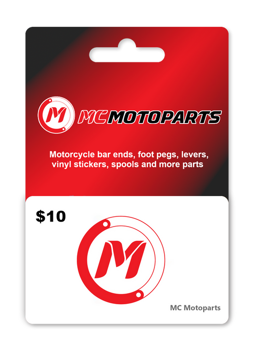 MC Motoparts $10 USD e-Gift Card, digital gift card with brand logo and value displayed on a clean background.