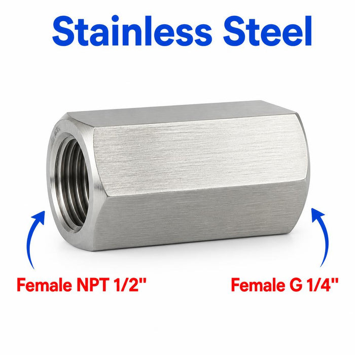Stainless steel 1/2 inch NPT female to BSP G 1/4 inch female sensor adaptor fitting for plumbing and sensor conversions.