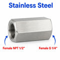 Stainless steel 1/2 inch NPT female to BSP G 1/4 inch female sensor adaptor fitting for plumbing and sensor conversions.