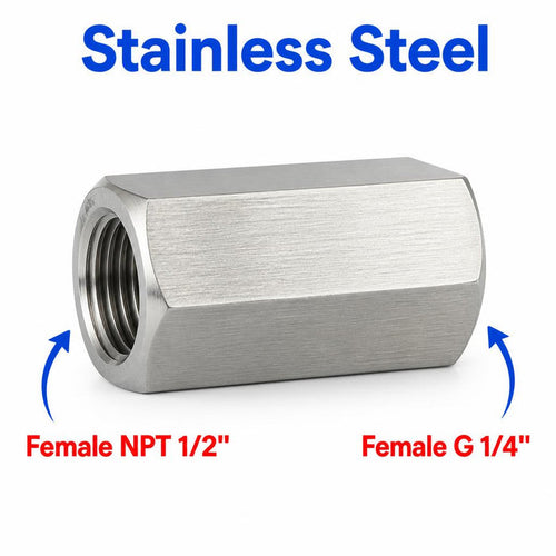 Stainless steel 1/2 inch NPT female to BSP G 1/4 inch female sensor adaptor fitting for plumbing and sensor conversions.