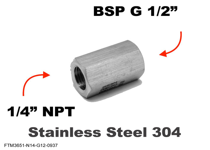 Stainless steel 1/4 inch NPT female to BSP G 1/2 inch female sensor adaptor fitting for conversion by MC Motoparts.