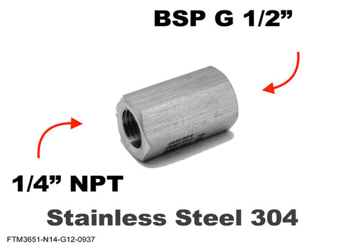 Stainless steel 1/4 inch NPT female to BSP G 1/2 inch female sensor adaptor fitting for conversion by MC Motoparts.