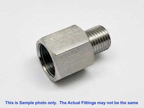 Stainless steel 1/4 inch NPT female to M12x1.0 male sensor adaptor fitting for hydraulic or pneumatic connections.