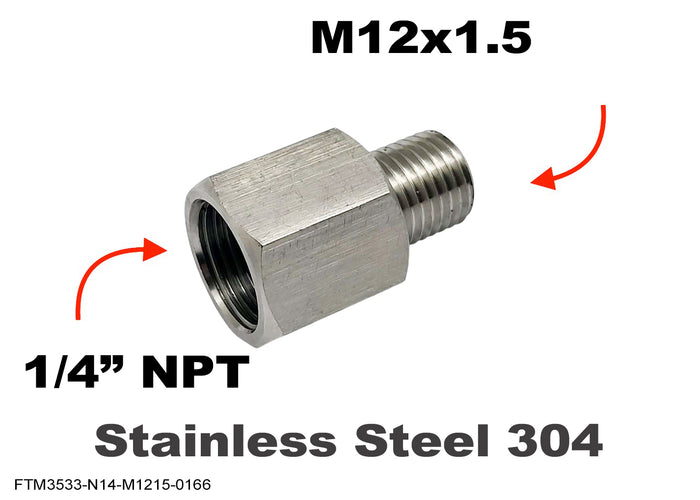 Stainless steel 1/4 inch NPT female to M12x1.5 male sensor adaptor fitting for conversions, designed by MC Motoparts