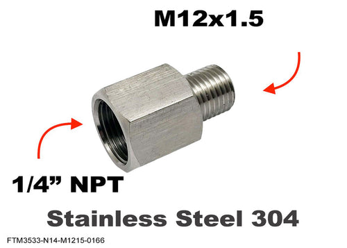 Stainless steel 1/4 inch NPT female to M12x1.5 male sensor adaptor fitting for conversions, designed by MC Motoparts