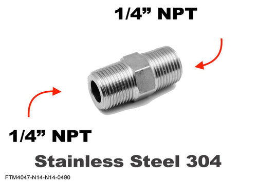 Stainless steel 1/4 inch NPT male to male sensor adaptor fitting for plumbing or hydraulic connections.