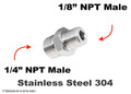 Stainless steel 1/4 inch NPT male to 1/8 inch NPT male sensor adaptor fitting for conversion, by MC Motoparts.