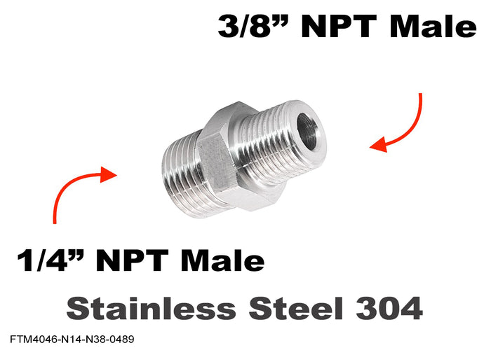 Stainless steel MC Motoparts 1/4 inch NPT Male to 3/8 inch NPT Male sensor adaptor fitting for conversions.