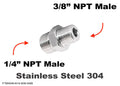 Stainless steel MC Motoparts 1/4 inch NPT Male to 3/8 inch NPT Male sensor adaptor fitting for conversions.