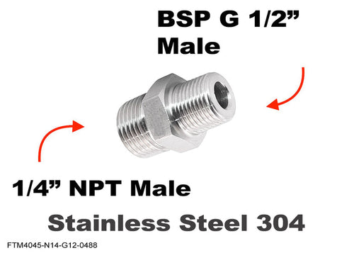 Stainless steel MC Motoparts 1/4 inch NPT male to BSP G 1/2 inch male adaptor fitting for sensor conversion.