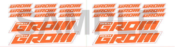 Orange Honda Grom decal sticker set featuring custom logo designs for bike fairings and helmets by StickerBao.