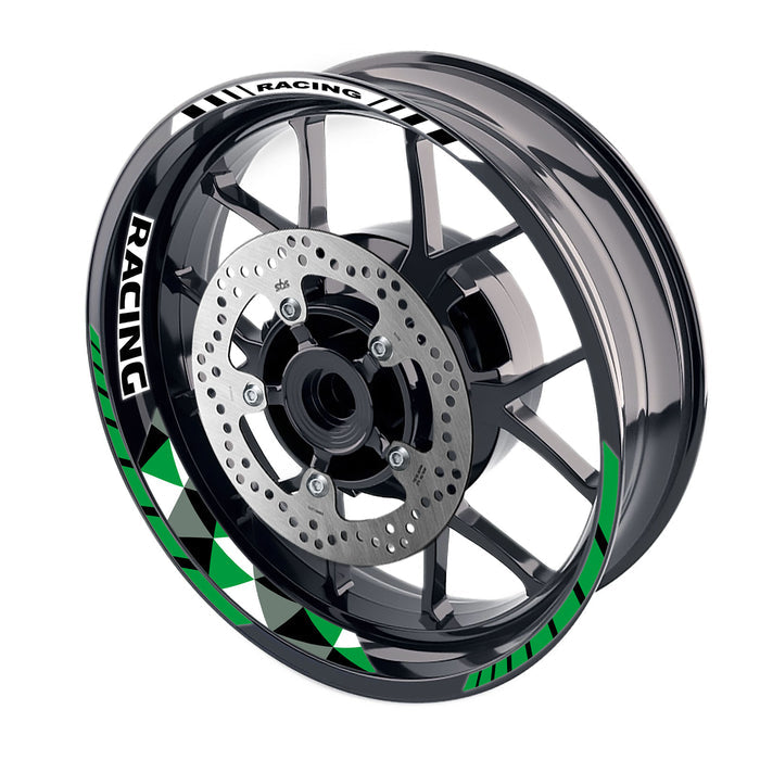 17-inch motorcycle wheel rim stickers with racing geometric design, featuring three stripe decals on front and rear wheels.