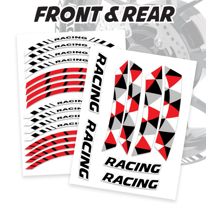 17-inch motorcycle wheel rim stickers with racing geometric design by StickerBao, featuring three colorful stripes on front and rear rims.
