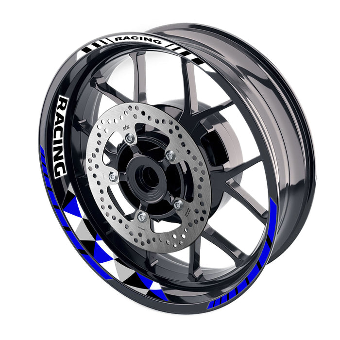 Blue 17-inch motorcycle wheel rim stickers with racing geometric design, front and rear wheel decal by StickerBao