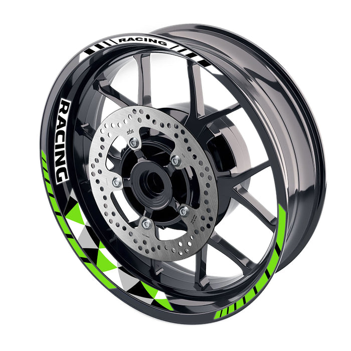 17-inch motorcycle wheel rim sticker set with racing geometric design, front and rear wheel decals by StickerBao.