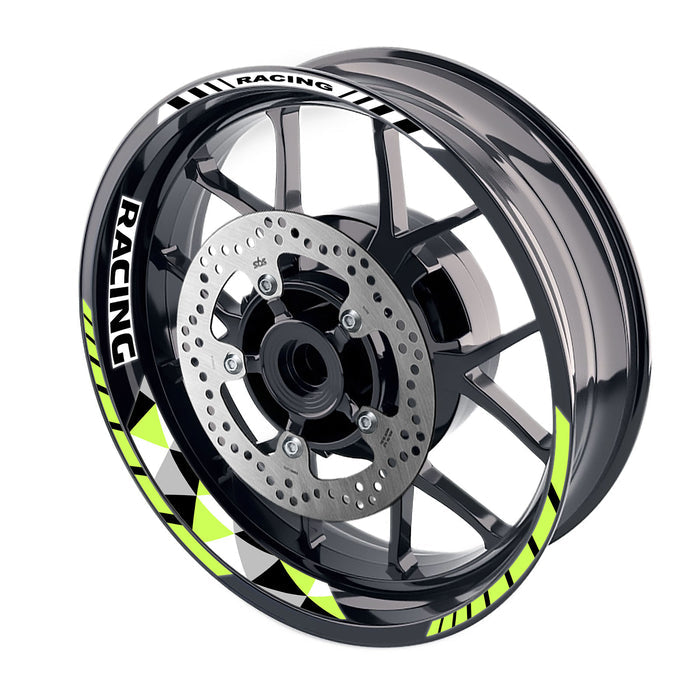 17-inch motorcycle wheel rim stickers with racing geometric design from StickerBao, featuring three bold stripe decals on front and rear rims.