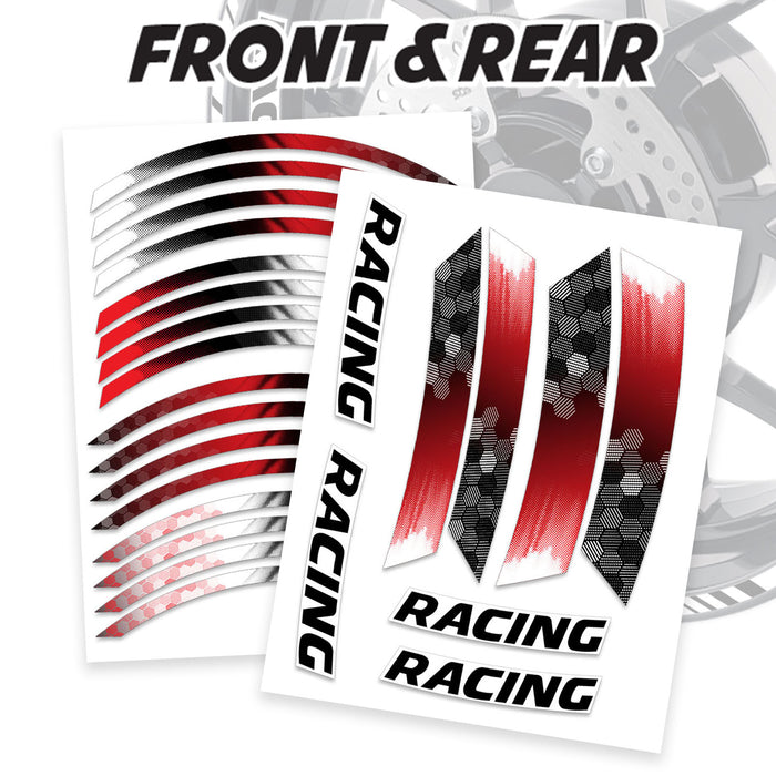 StickerBao 17-inch motorcycle wheel rim stickers with racing hexagonal design, featuring three stripes on front and rear wheels.
