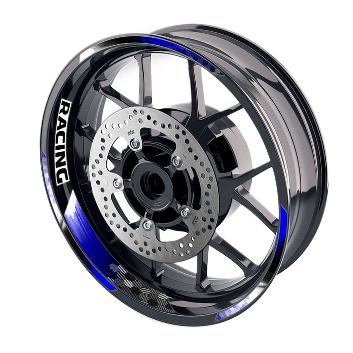 Blue 17-inch motorcycle wheel rim sticker with three stripes, racing hexagonal design for front and rear wheels by StickerBao.