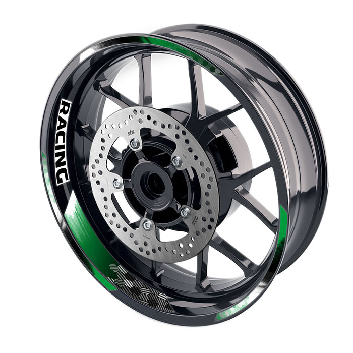 StickerBao 17-inch motorcycle wheel rim stickers with racing hexagonal design and three stripes for front and rear wheels.