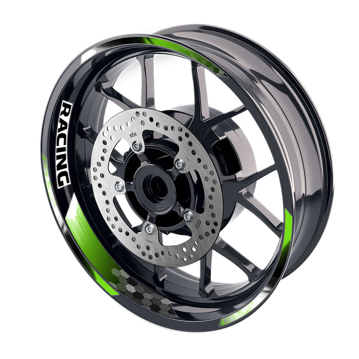 17-inch motorcycle wheel rim sticker set with hexagonal racing design for front and rear wheels by StickerBao.