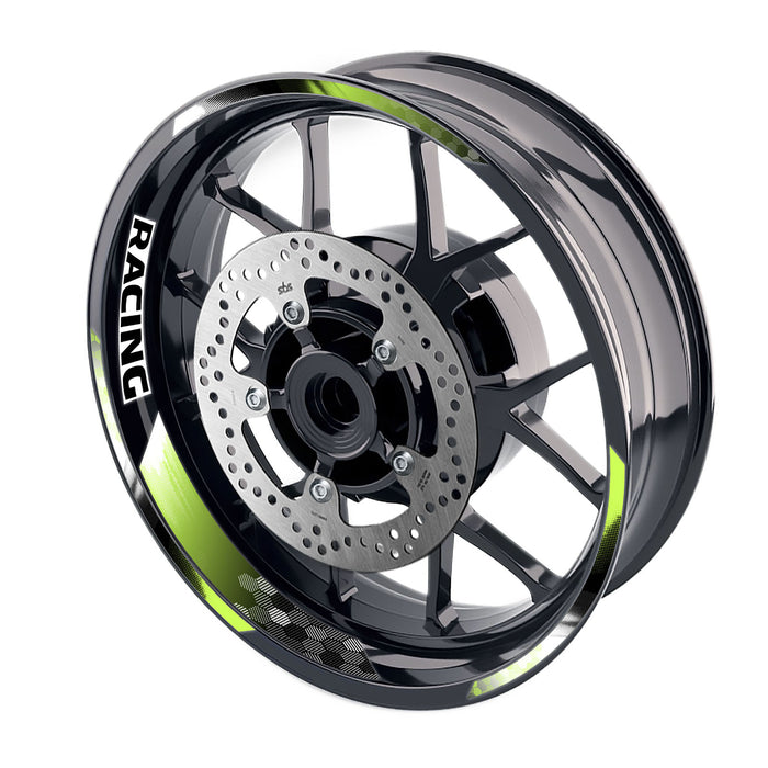 17-inch motorcycle wheel rim sticker set with racing hexagonal design from StickerBao, featuring three stripe pattern for front and rear wheels.