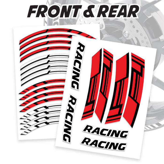 17-inch motorcycle wheel rim sticker with three racing stripe decals on front and rear rims, by StickerBao.
