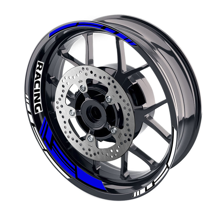Blue 17-inch motorcycle rim stickers with three racing stripes for front and rear wheel rims by StickerBao.