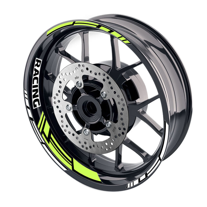 Three-stripe racing lining stickers on a 17-inch motorcycle wheel rim, designed for front and rear wheel rim decoration by StickerBao.