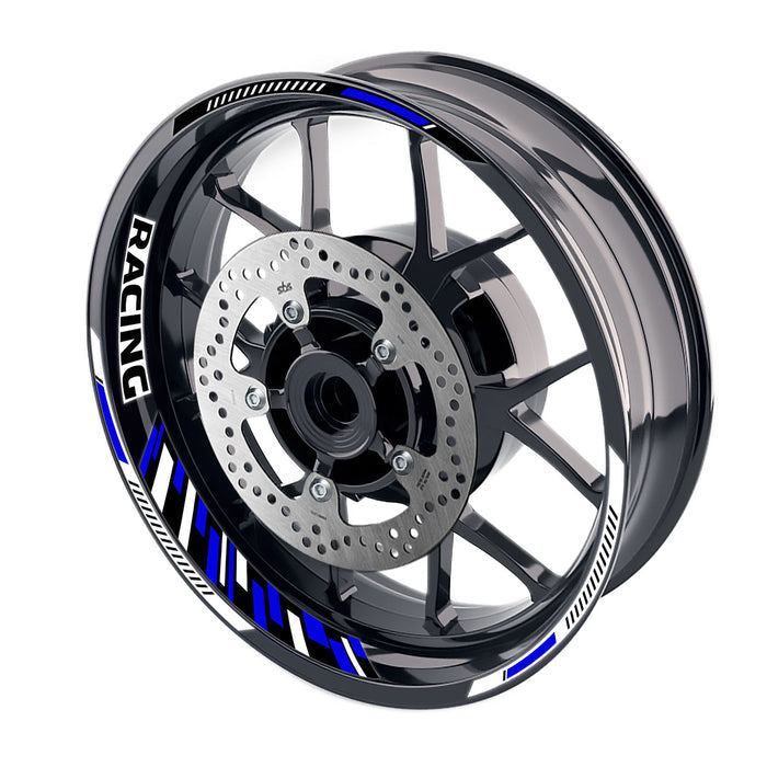 Blue 17-inch motorcycle rim stickers with racing piano stripes for front and rear wheel rims by StickerBao.