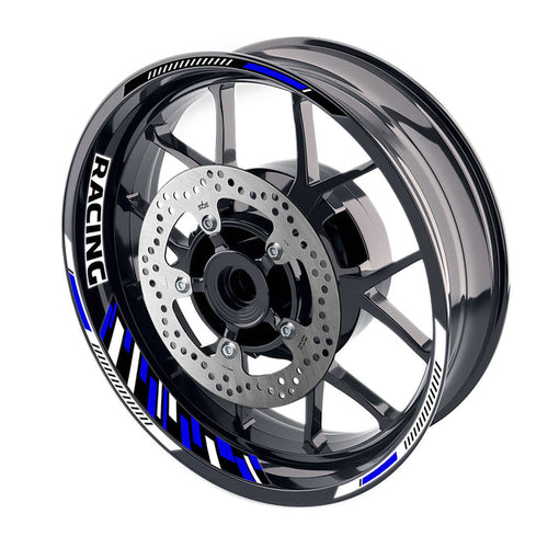 Blue 17-inch motorcycle rim stickers with racing piano stripes for front and rear wheel rims by StickerBao.