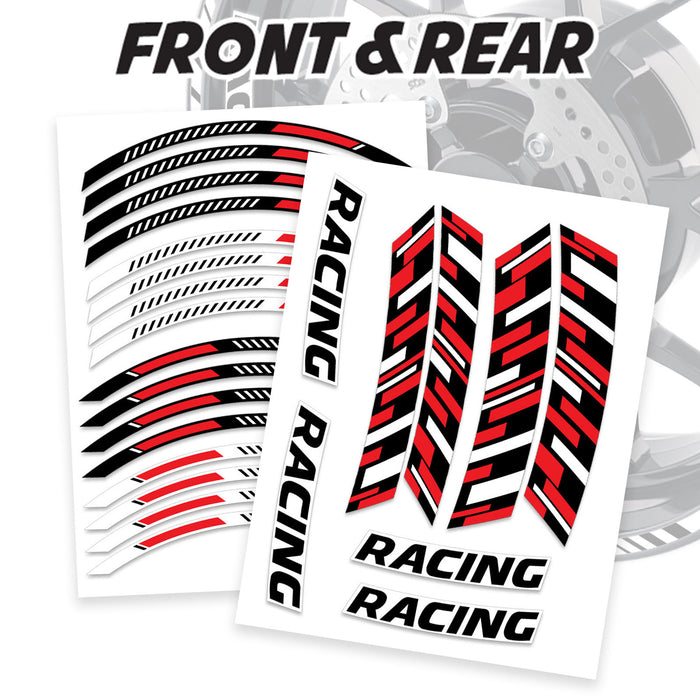 StickerBao 17-inch motorcycle rim stickers with racing piano stripe design on front and rear wheel rims.