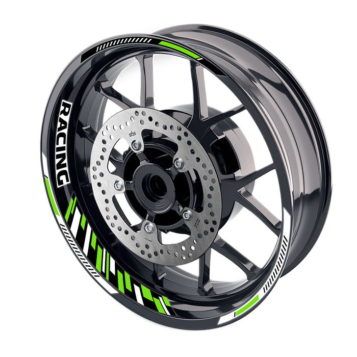 StickerBao 17-inch motorcycle wheel rim stickers with racing piano design, featuring three stripe decals for front and rear wheels.