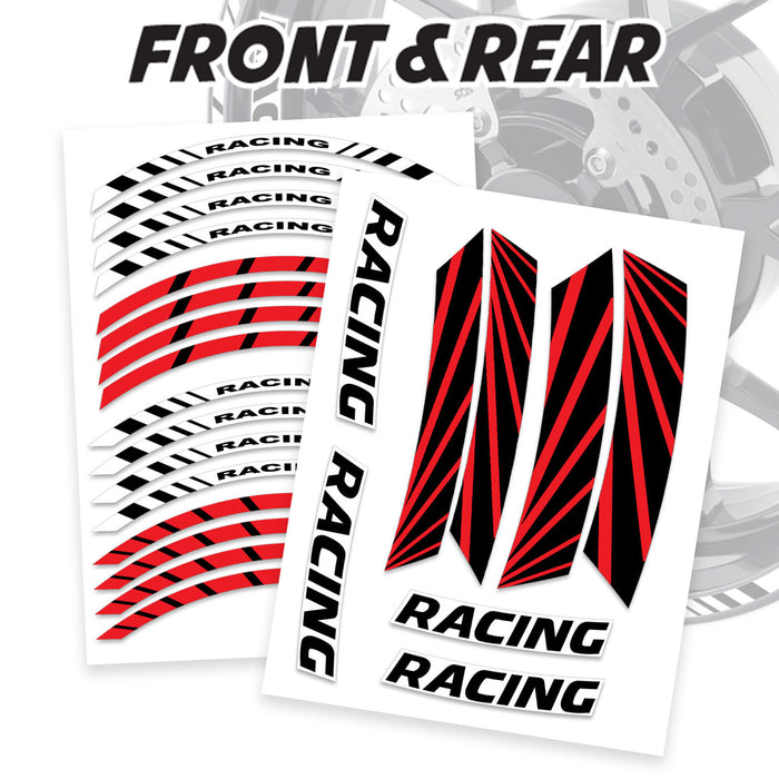 17-inch motorcycle wheel rim stickers with racing stripe design, featuring front and rear wheel decal decals by StickerBao.