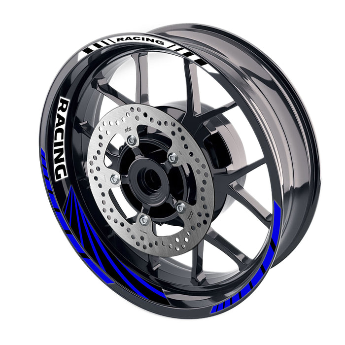 Blue 17-inch motorcycle wheel rim sticker with racing stripe design, suitable for front and rear wheels, by StickerBao.