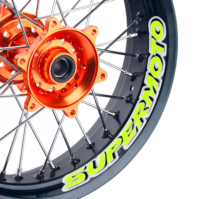 17-inch Yamaha WR250R, YZ250F, YZ450F Supermoto rim vinyl sticker by StickerBao on a wheel rim.