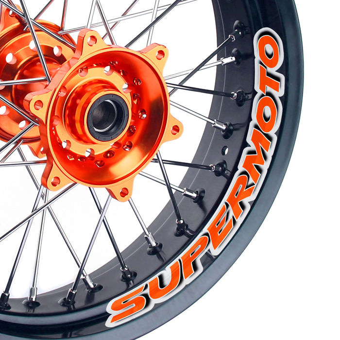 17-inch Yamaha WR250R, YZ250F, YZ450F SUPERMOTO inner rim vinyl sticker with orange design by StickerBao on wheel rim.
