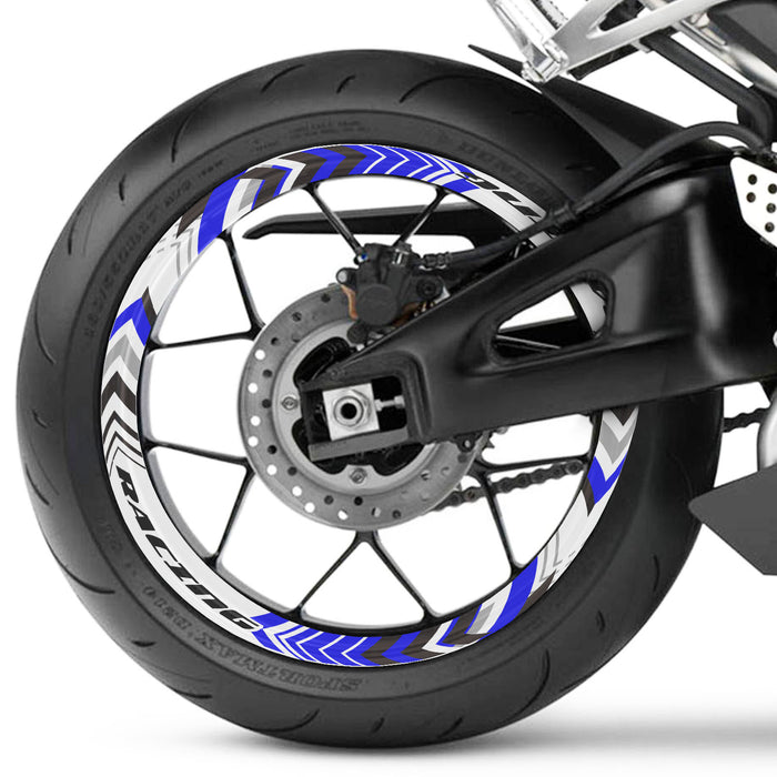Yamaha, Suzuki, Aprilia 17-inch wheel rim protection sticker set by StickerBao, featuring front and rear wheel decals installed on motorcycle wheels.