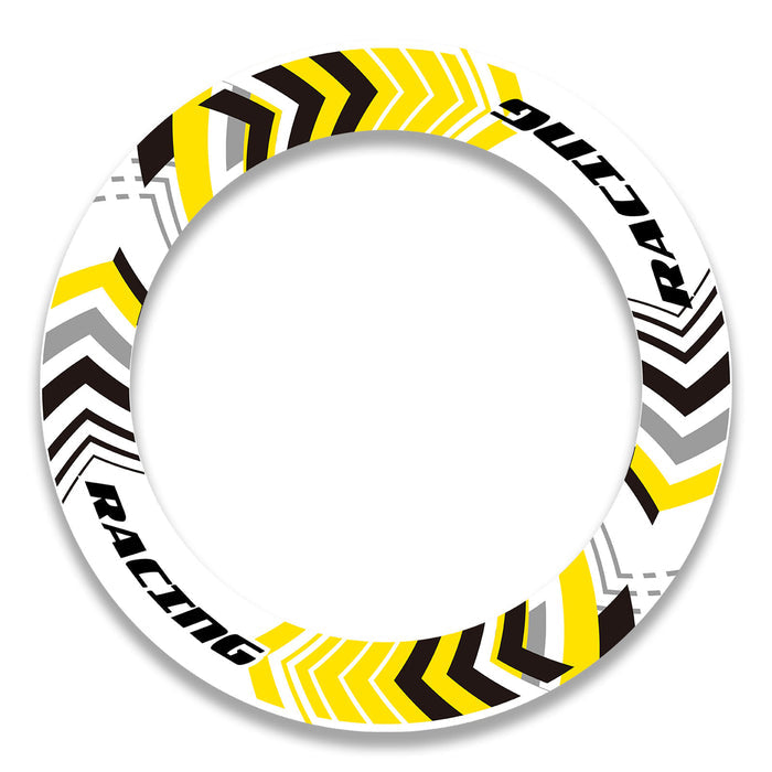 Set of 17-inch Yamaha, Suzuki, Aprilia wheel rim protection stickers with front and rear decals by StickerBao on a motorcycle wheel.
