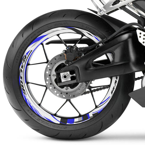 Set of 17-inch wheel rim protection stickers for Suzuki, Aprilia, BMW bikes, featuring durable decals for front and rear wheels.