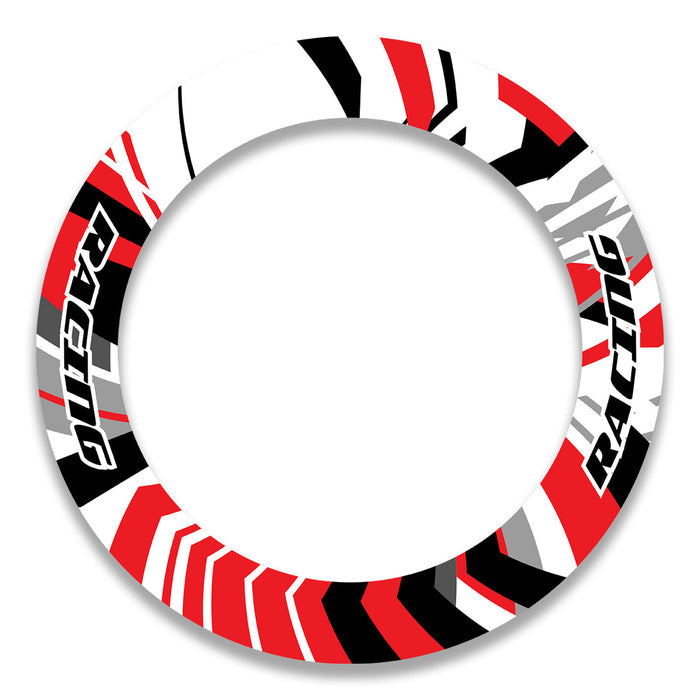 Front and rear 17-inch wheel rim protection stickers set by StickerBao on motorcycle wheels for Triumph, Kawasaki, and Honda.