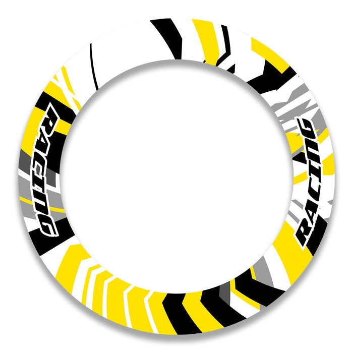 Set of 17-inch wheel rim protection stickers for Triumph, Kawasaki, Honda motorcycles, featuring black and yellow decal designs.