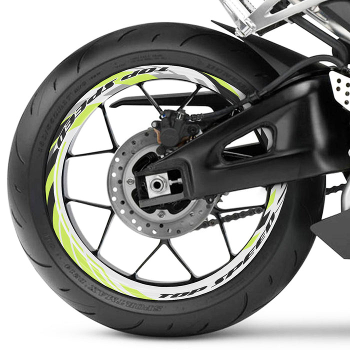 Set of 17-inch Kawasaki, Honda, Yamaha wheel rim protection stickers on black rims, front and rear motorcycle wheel decals.