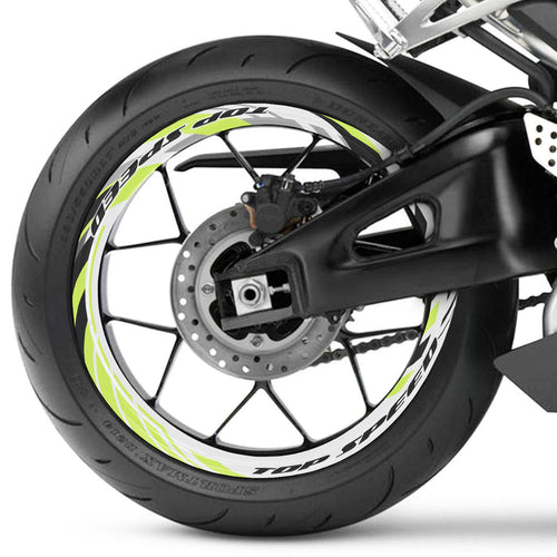 Set of 17-inch Kawasaki, Honda, Yamaha wheel rim protection stickers on black rims, front and rear motorcycle wheel decals.