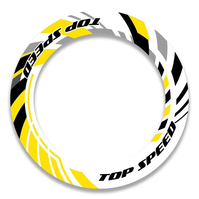 Set of 17-inch Kawasaki, Honda, Yamaha wheel rim protection stickers and decals on a motorcycle wheel for front and rear rims.