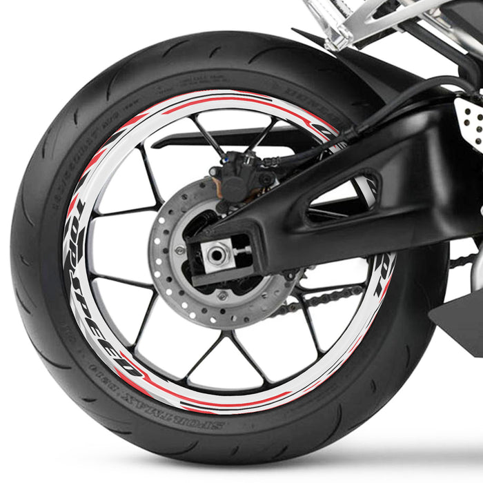 17 inch Honda Yamaha Suzuki wheel rim protection sticker set by StickerBao, front and rear wheel decals installed on motorcycle rims.