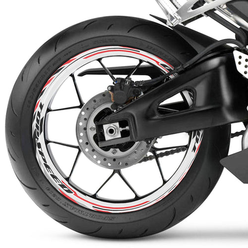 17 inch Honda Yamaha Suzuki wheel rim protection sticker set by StickerBao, front and rear wheel decals installed on motorcycle rims.