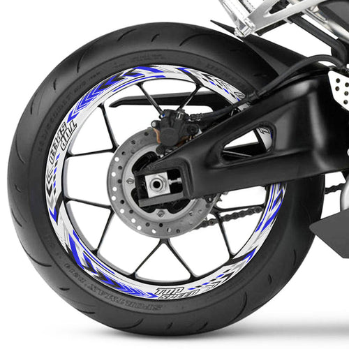 Set of 17-inch wheel rim protection stickers for Yamaha, Suzuki, and Aprilia motorcycles, featuring stylish decal designs by StickerBao.