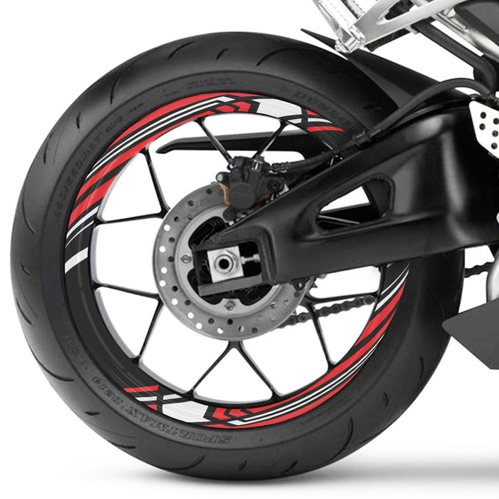 17-inch wheel rim protection sticker set for Honda, Yamaha, Suzuki, featuring red decals for front and rear wheels by StickerBao.